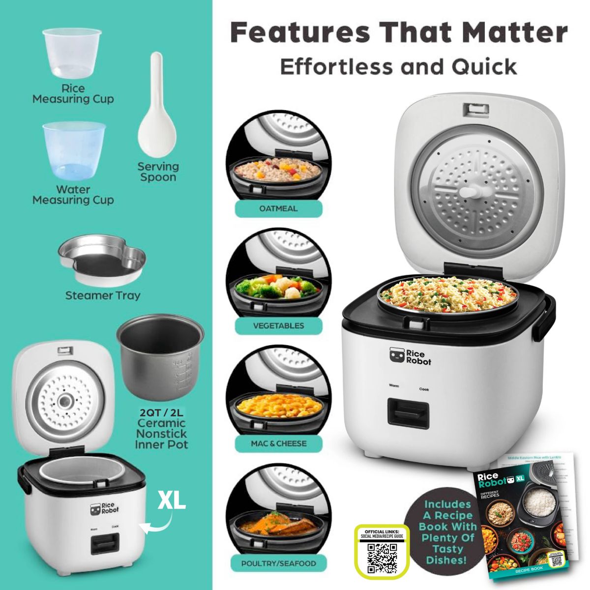 8-Cup (2L) Space Saving Rice Cooker with Ceramic Nonstick Inner Pot