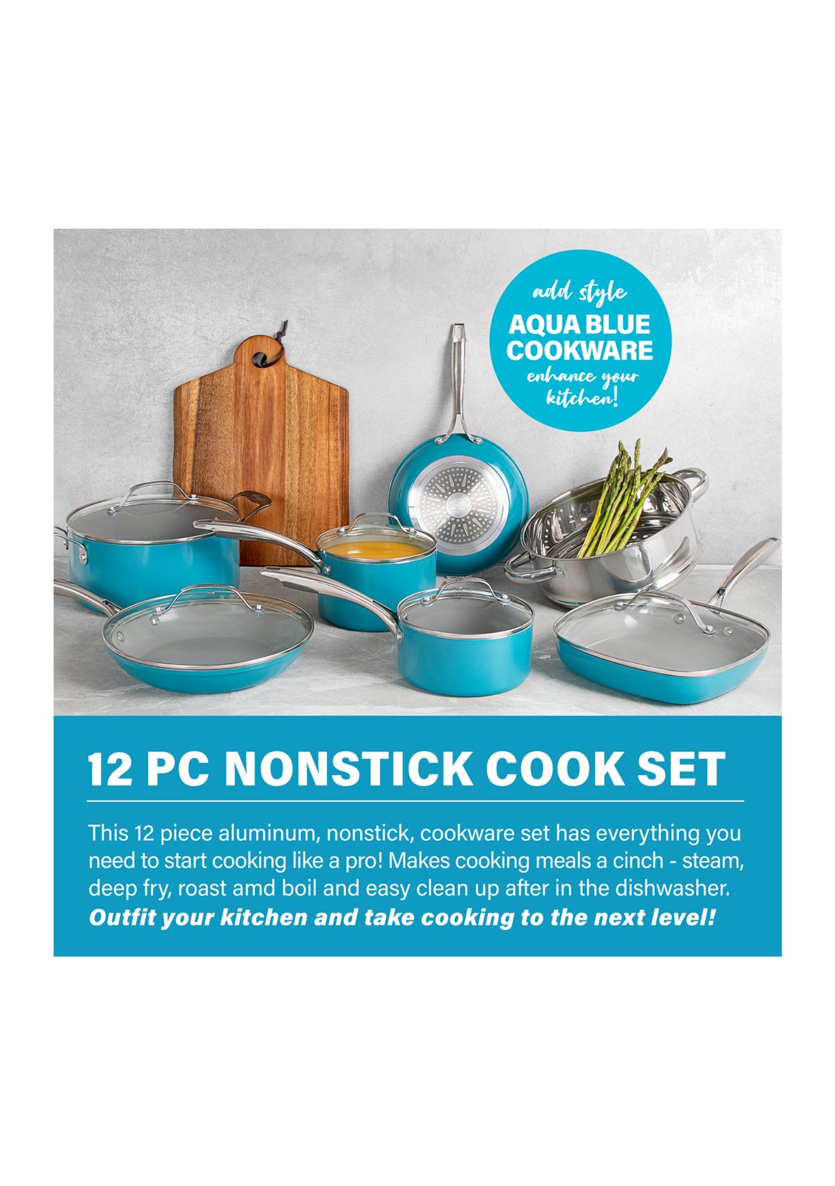 12-Piece Aqua Ti-Ceramic Nonstick Cookware Set