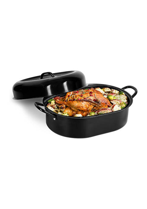 19.5 Inch (8.8 Quart) Nonstick Titanium and Diamond Infused Oval Roaster Pan with Lid