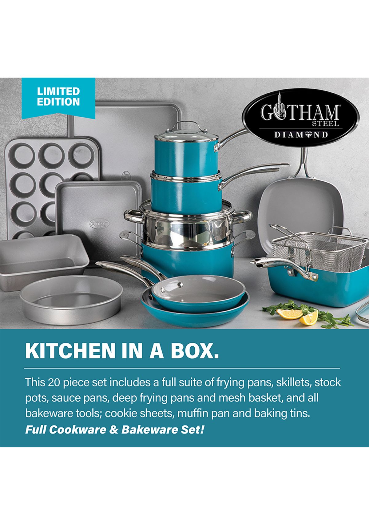 20-Piece Aqua Ti Ceramic Nonstick Cookware and Bakeware Set