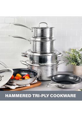 Hammered Stainless Steel Tri-Ply Diamond-Infused Nonstick 10pc. Cookware set