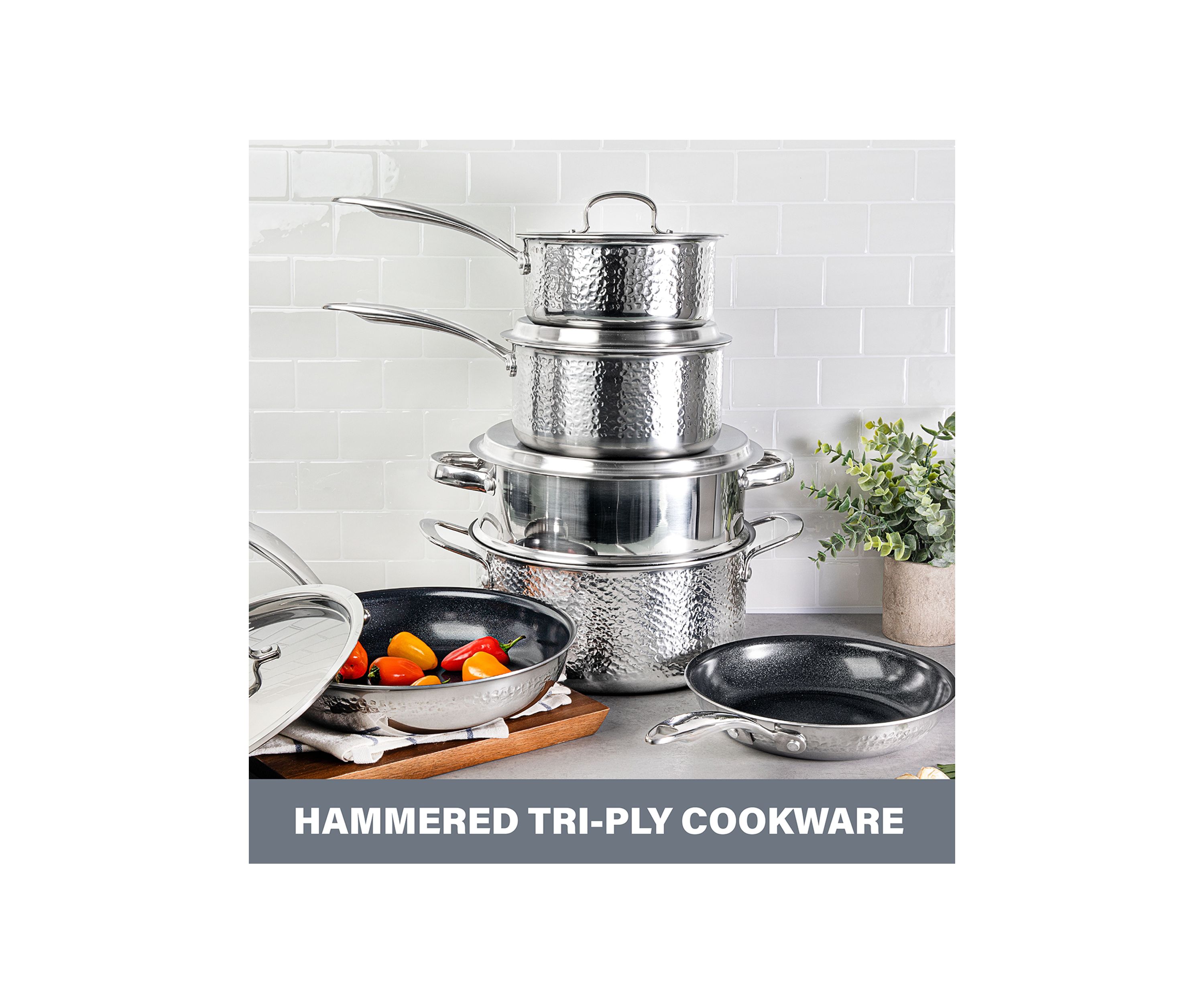Hammered Stainless Steel Tri-Ply Diamond-Infused Nonstick 10pc. Cookware set