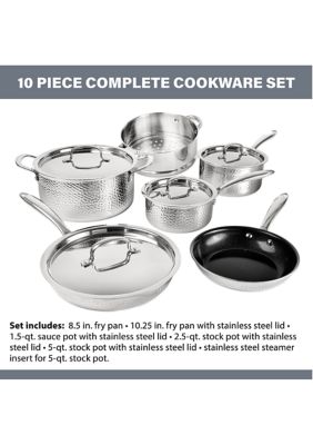 Hammered Stainless Steel Tri-Ply Diamond-Infused Nonstick 10pc. Cookware set