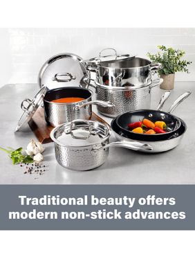 Hammered Stainless Steel Tri-Ply Diamond-Infused Nonstick 10pc. Cookware set