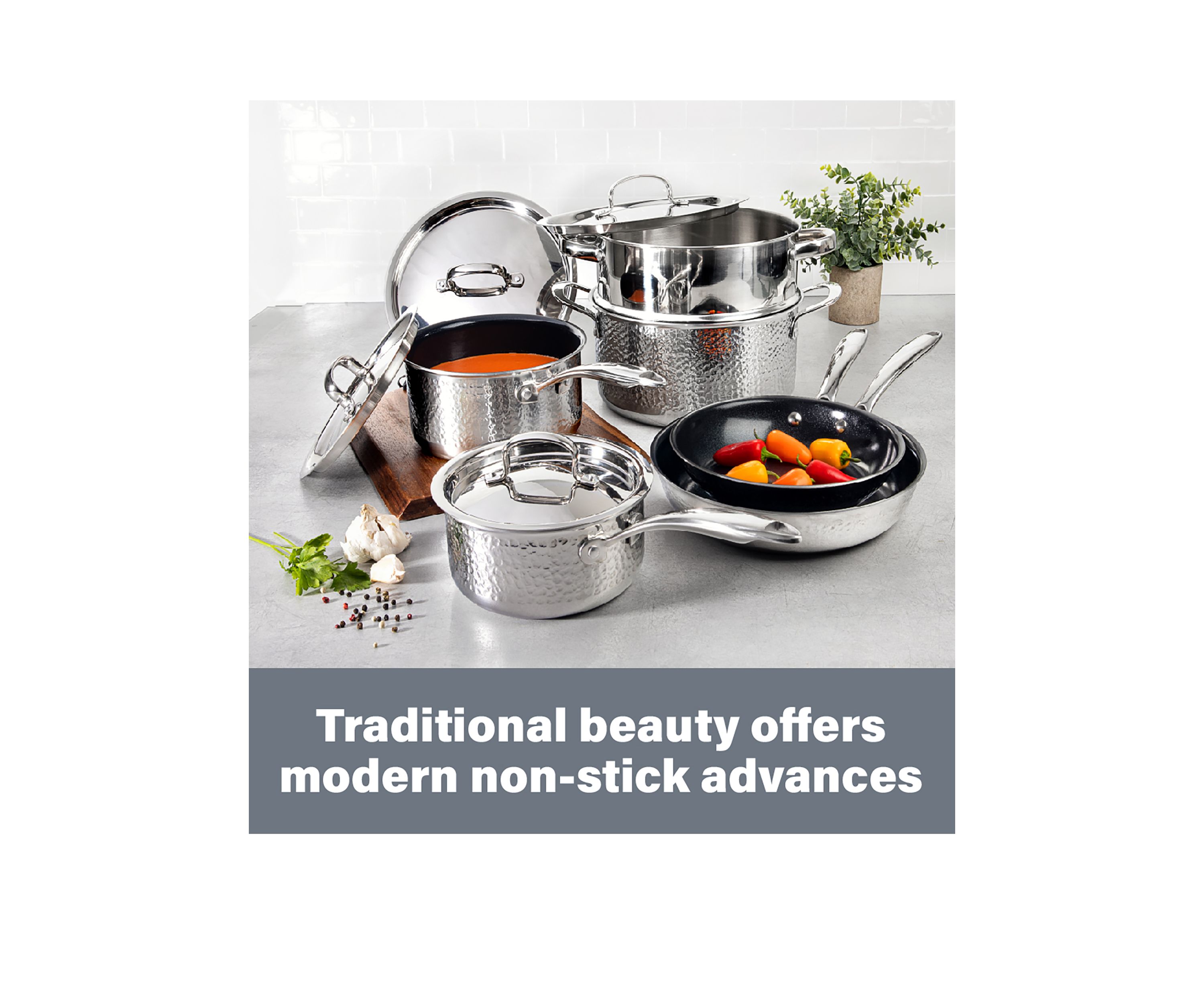 Hammered Stainless Steel Tri-Ply Diamond-Infused Nonstick 10pc. Cookware set