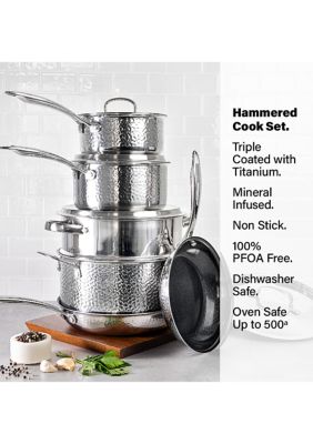 Hammered Stainless Steel Tri-Ply Diamond-Infused Nonstick 10pc. Cookware set