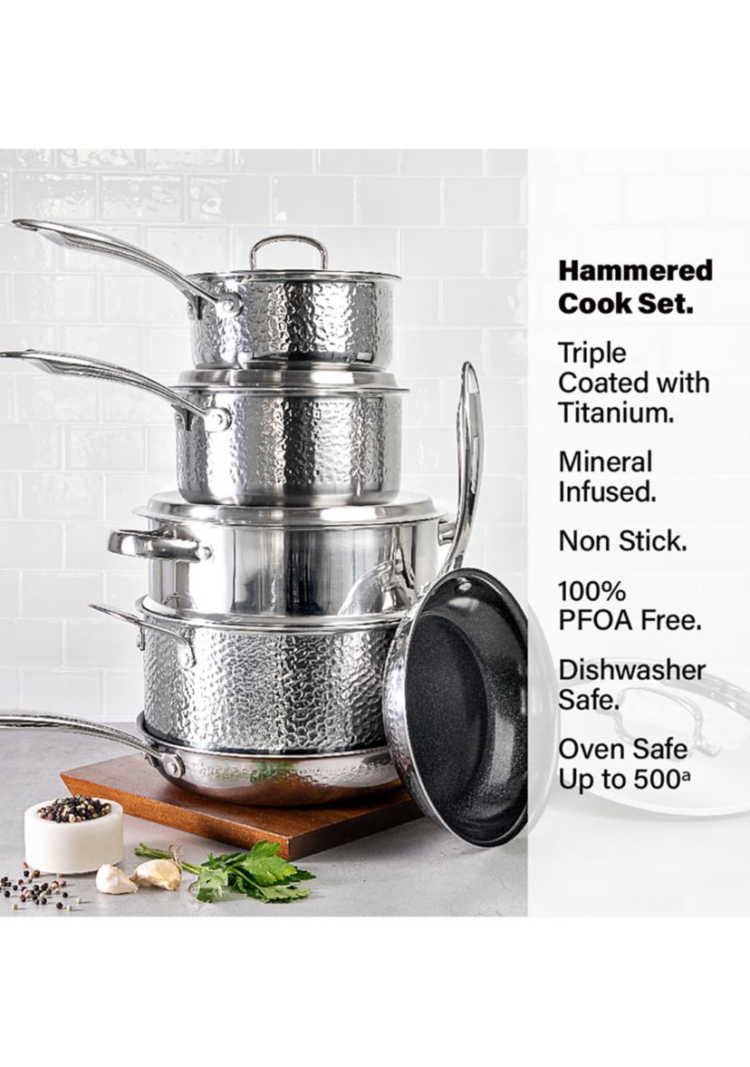 Hammered Stainless Steel Tri-Ply Diamond-Infused Nonstick 10pc. Cookware set