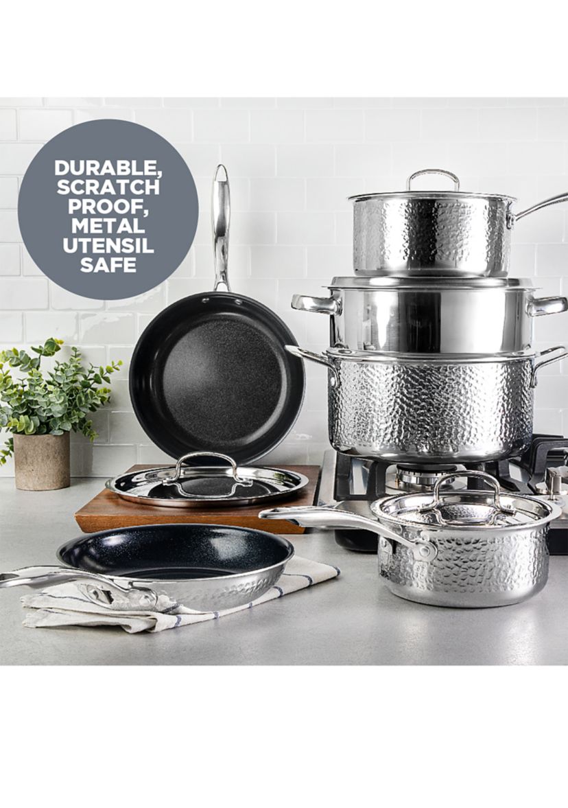 Hammered Stainless Steel Tri-Ply Diamond-Infused Nonstick 10pc. Cookware set
