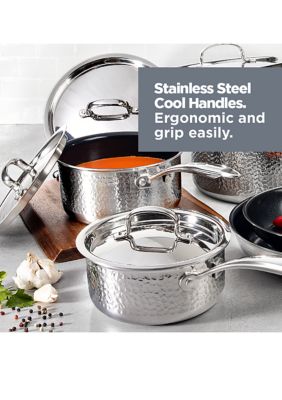 Hammered Stainless Steel Tri-Ply Diamond-Infused Nonstick 10pc. Cookware set
