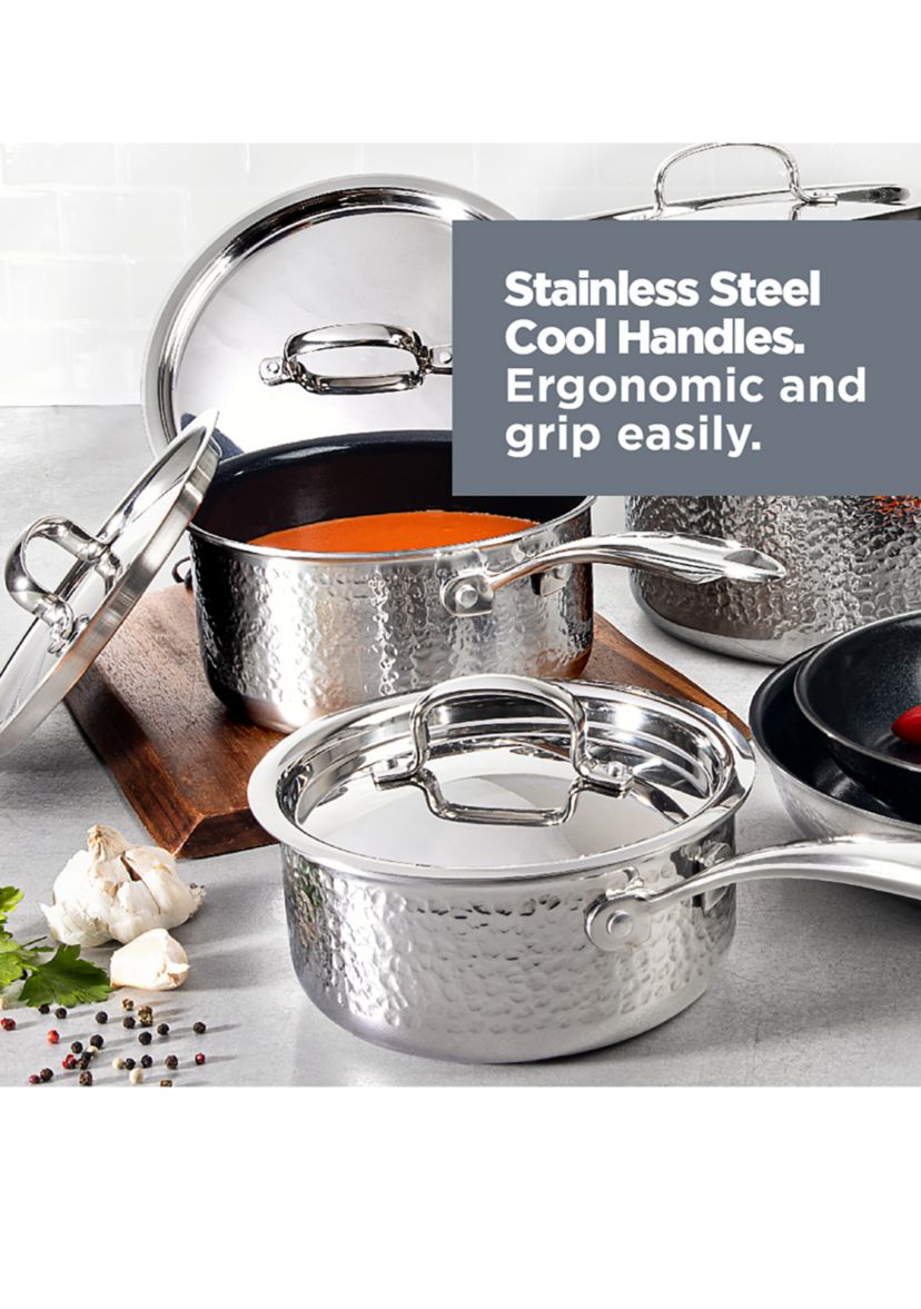 Hammered Stainless Steel Tri-Ply Diamond-Infused Nonstick 10pc. Cookware set