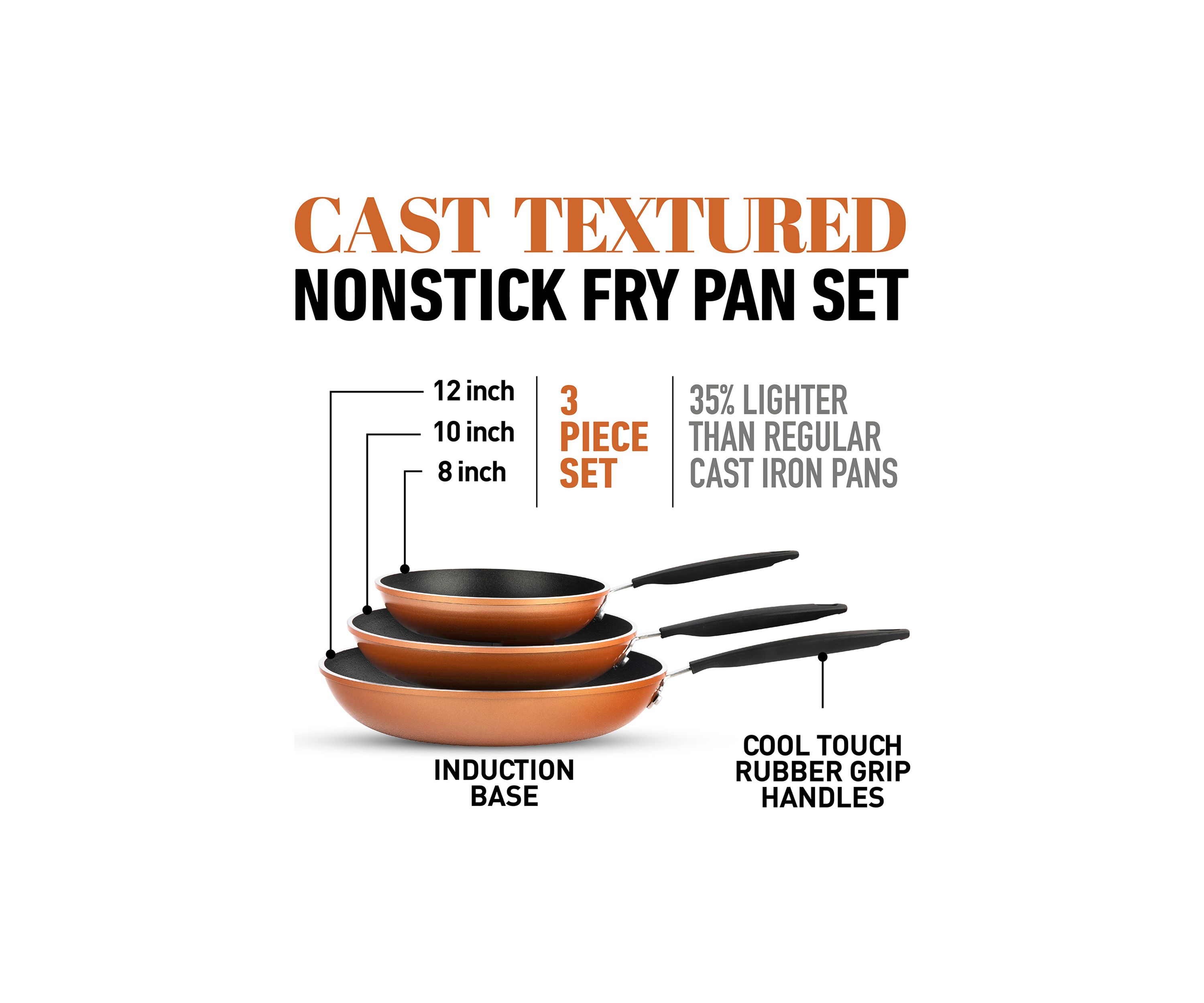 3-Piece Copper Cast Textured Surface Nonstick Frying Pan Set
