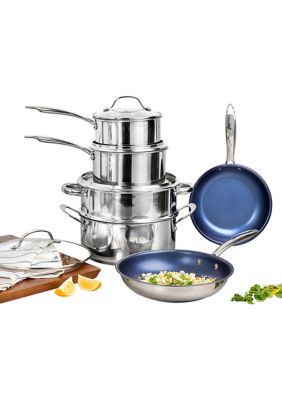 10-Piece Stainless Steel Tri-Ply Base Blue Nonstick Diaond Infused Coating Cookware Set