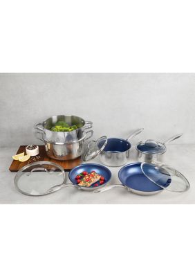 10-Piece Stainless Steel Tri-Ply Base Blue Nonstick Diaond Infused Coating Cookware Set