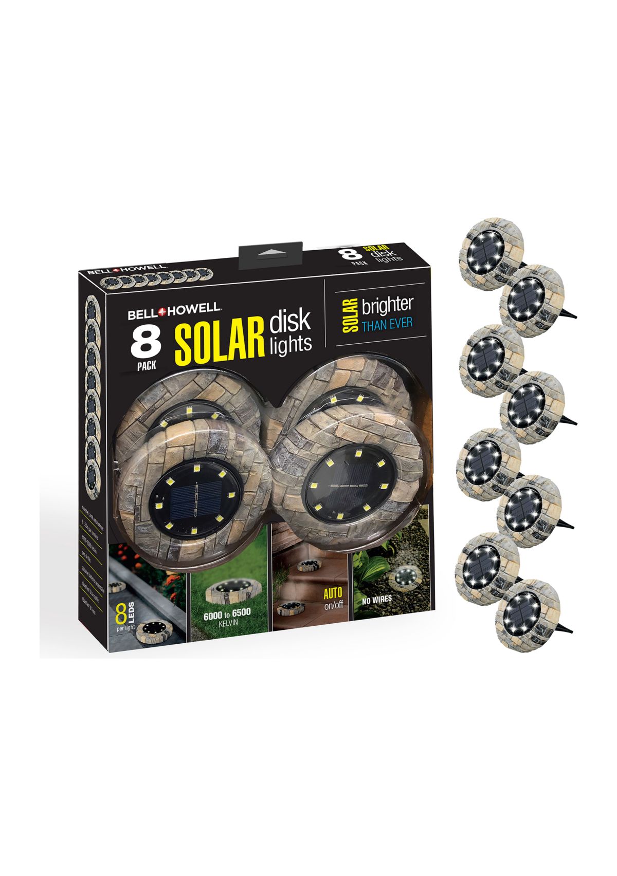 Disk Lights Slate Solar Powered Outdoor Integrated LED Path Disk Lights 8-Pack