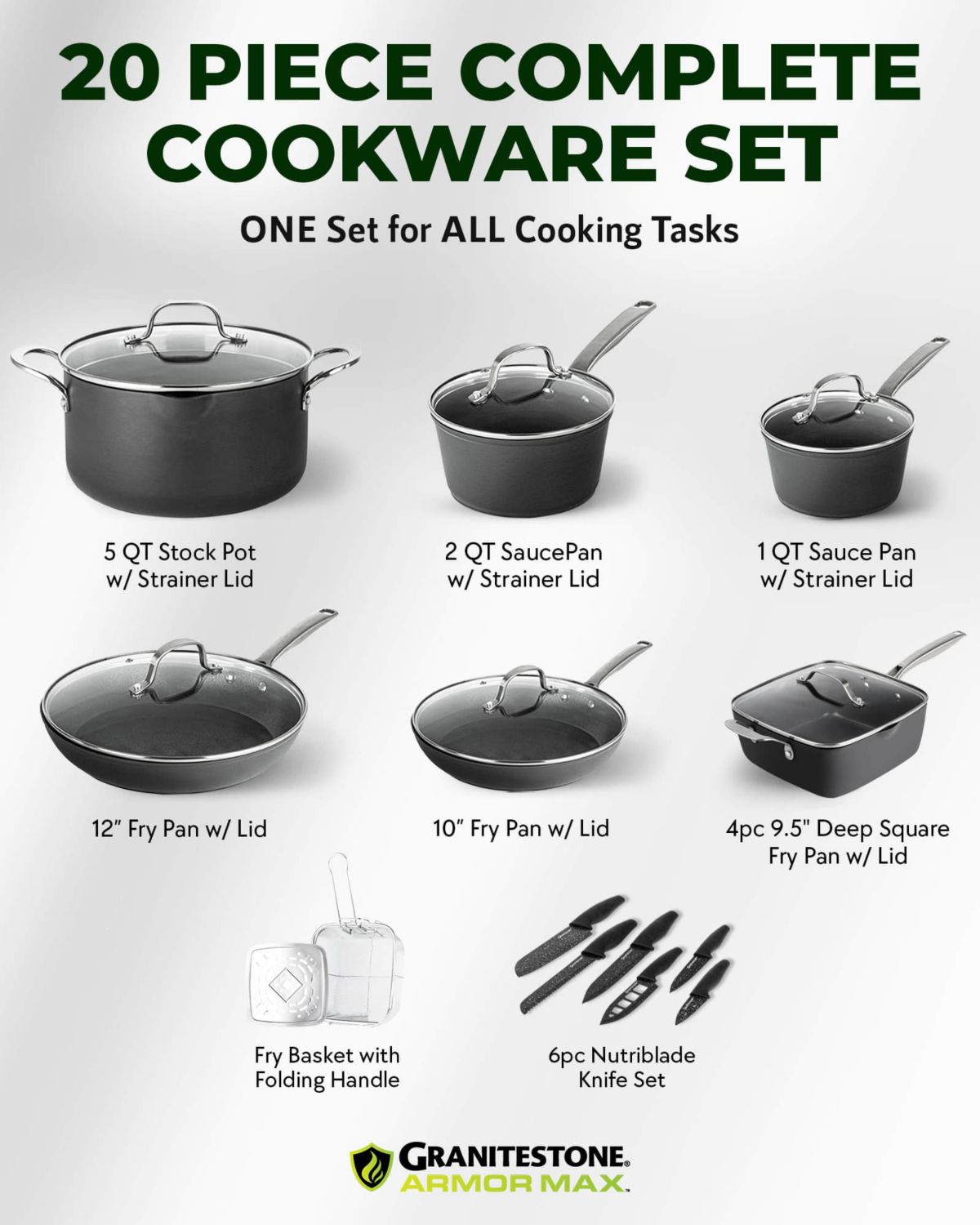 Granitestone Armor Max 20-Piece Hard Anodized Heavy Duty 4-Layer Ultra Release Nonstick Cookware Set