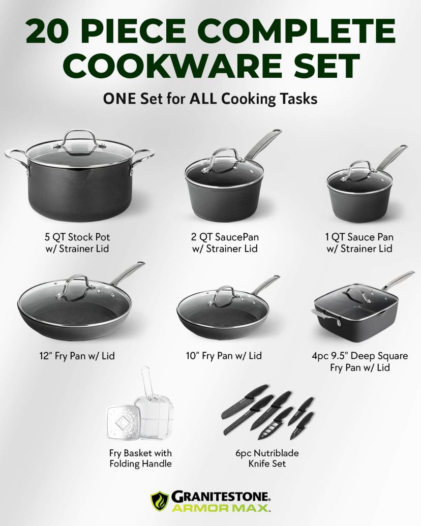 Granitestone Armor Max 20-Piece Hard Anodized Heavy Duty 4-Layer Ultra Release Nonstick Cookware Set