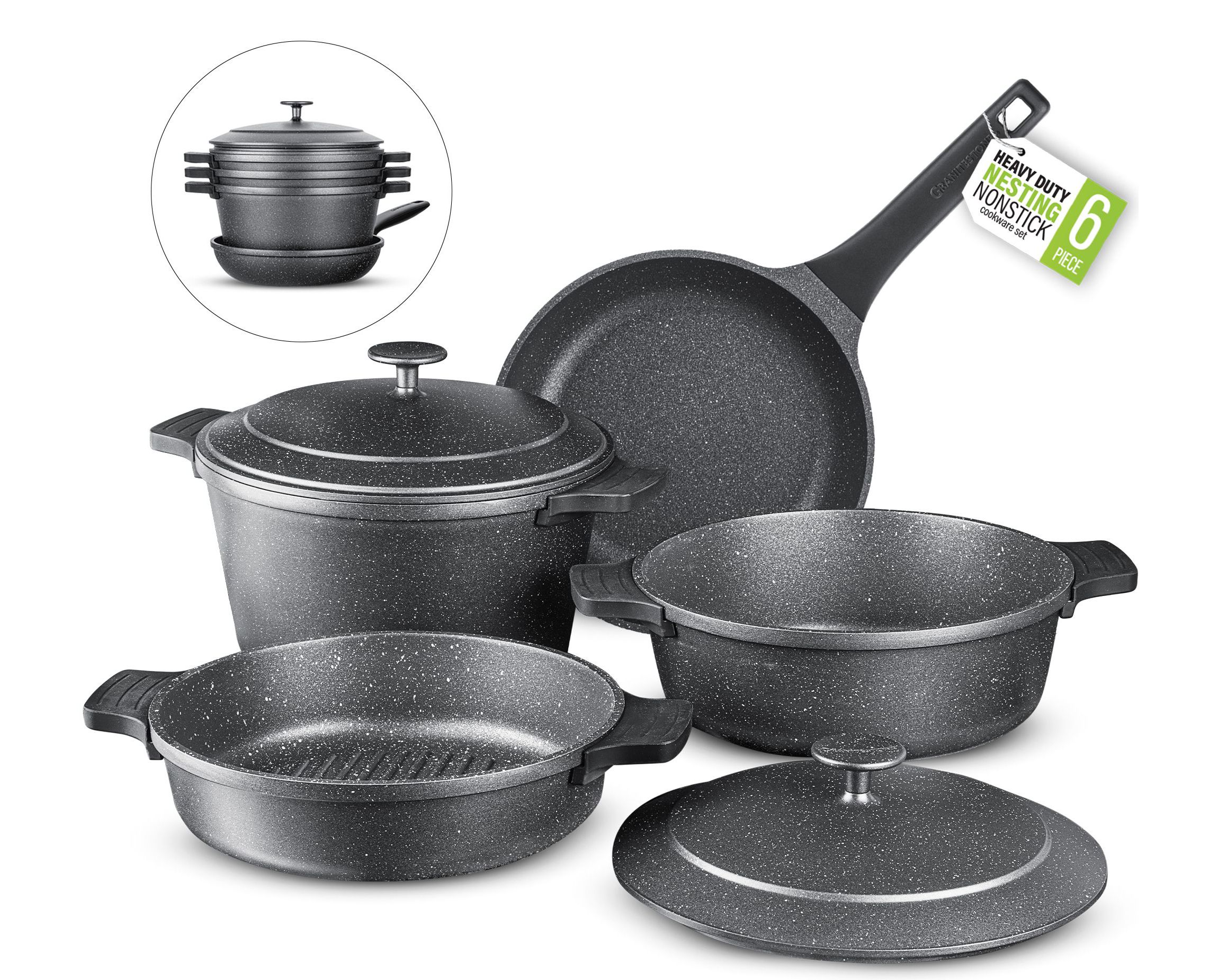 GraniteStone 6-Piece Cast Aluminum Heavy Duty Nesting Nonstick Cookware Set