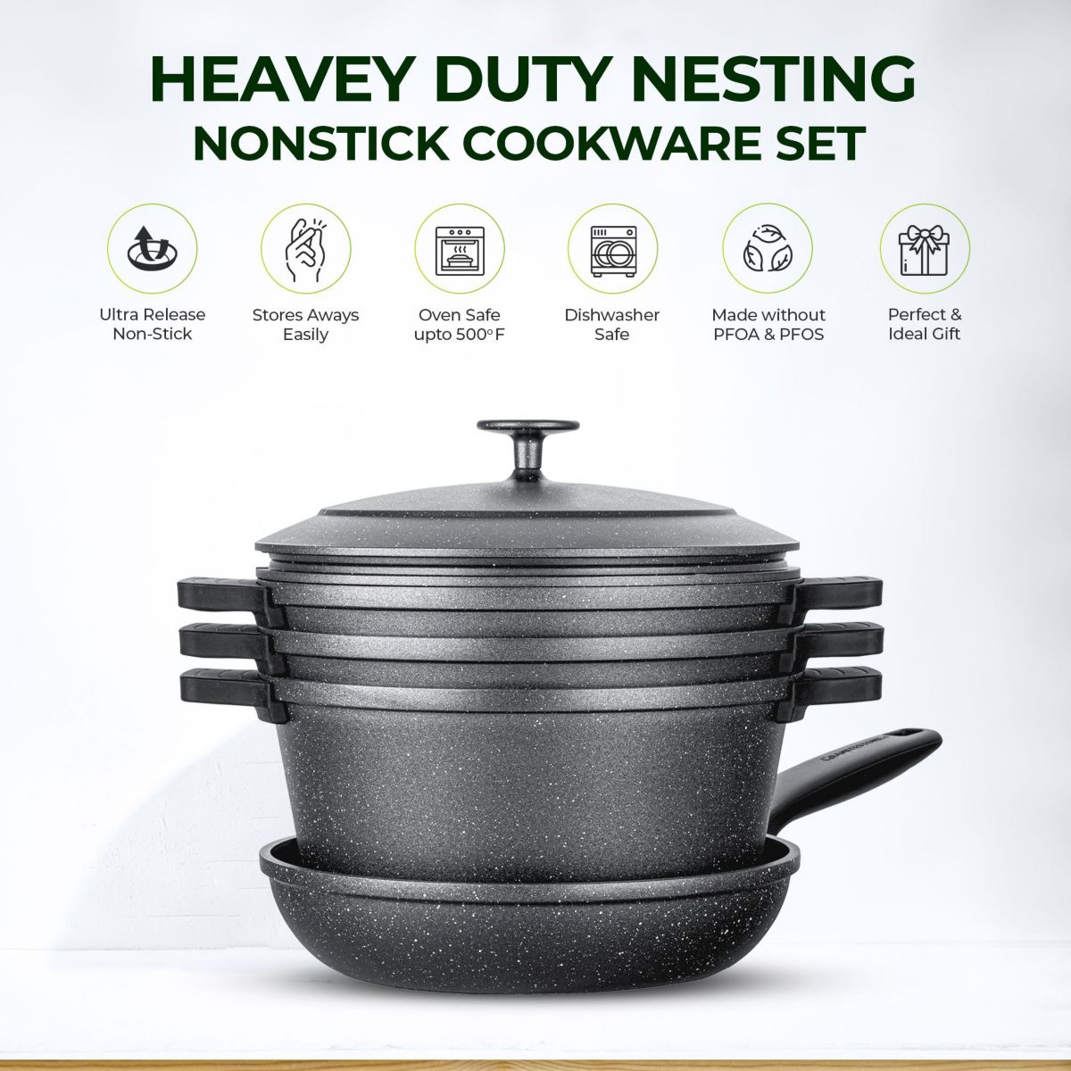 GraniteStone 6-Piece Cast Aluminum Heavy Duty Nesting Nonstick Cookware Set
