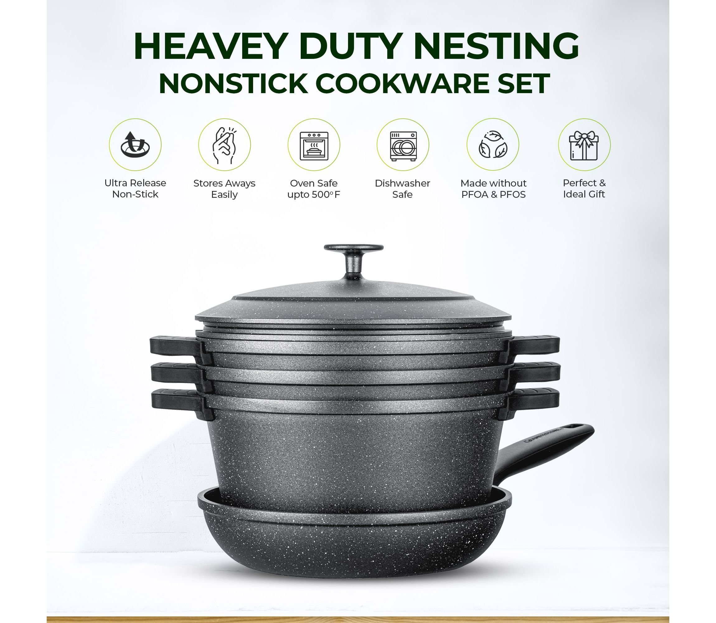 GraniteStone 6-Piece Cast Aluminum Heavy Duty Nesting Nonstick Cookware Set
