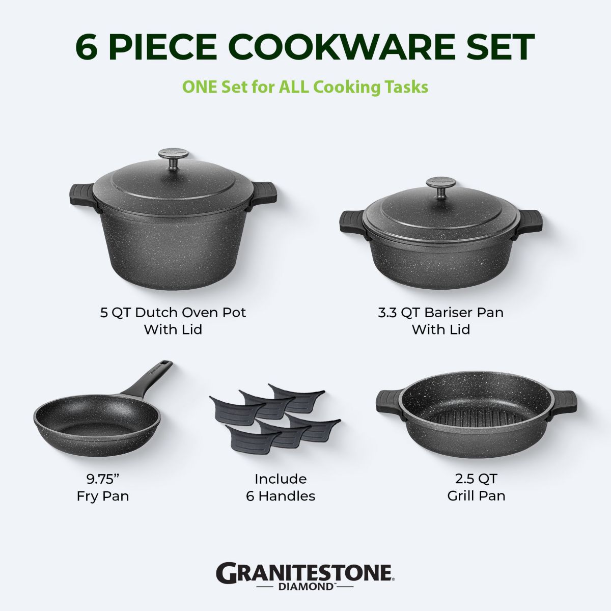 GraniteStone 6-Piece Cast Aluminum Heavy Duty Nesting Nonstick Cookware Set