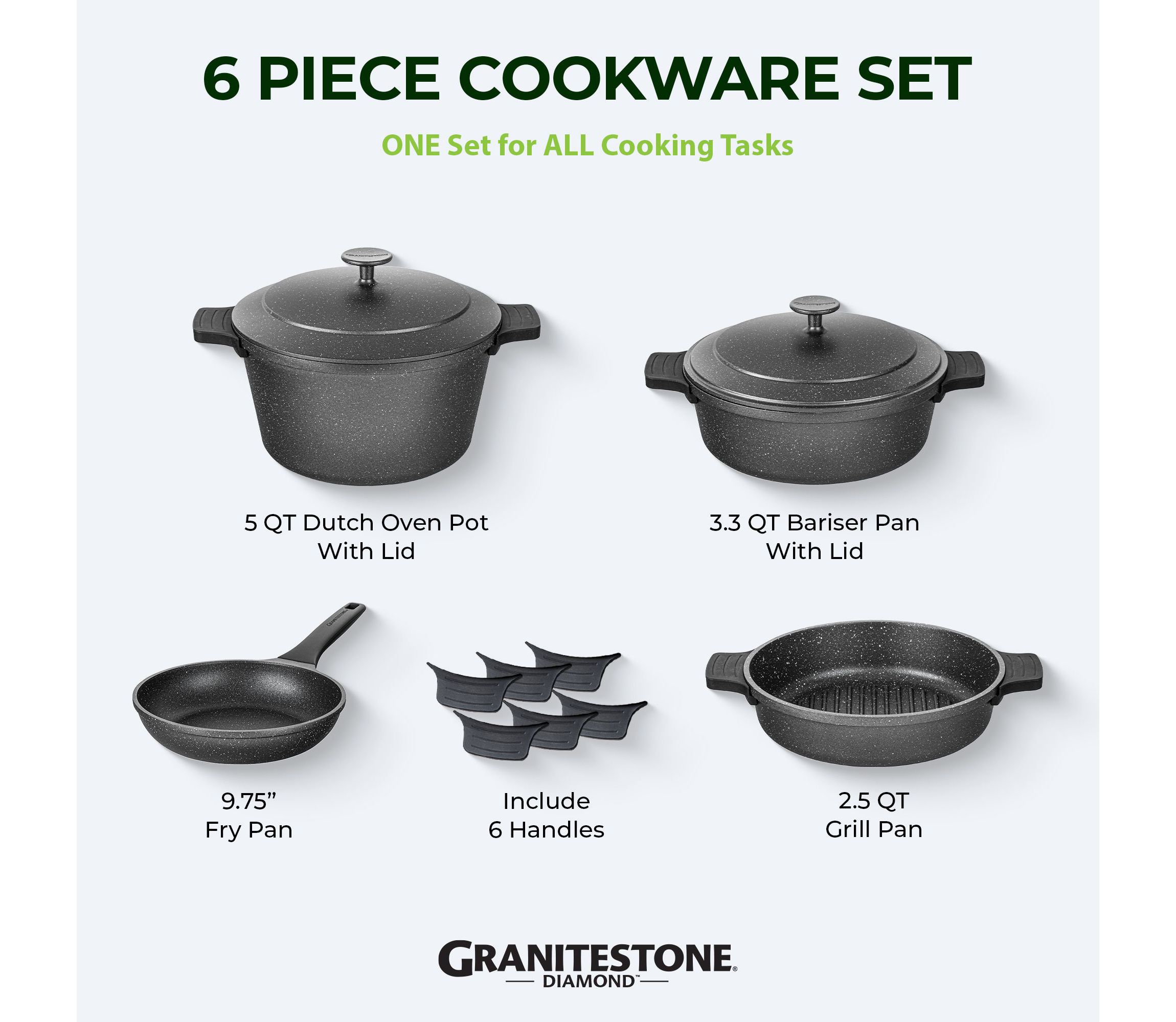 GraniteStone 6-Piece Cast Aluminum Heavy Duty Nesting Nonstick Cookware Set
