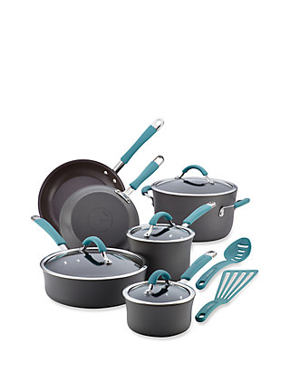 Rachael Ray Cucina Hard Anodized Aluminum Nonstick Cookware Set, 12 Piece,  Gray, Agave Blue Handles