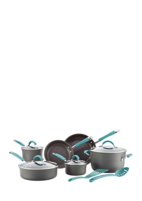 Cucina Hard-Anodized Aluminum Nonstick Cookware Set, 12-Piece, Gray, Agave Blue Handles