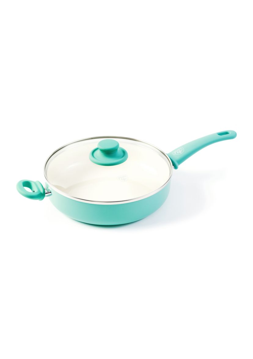 Soft Grip 5 Quart Ceramic Non Stick Covered Jumbo Saute Pan, Turquoise