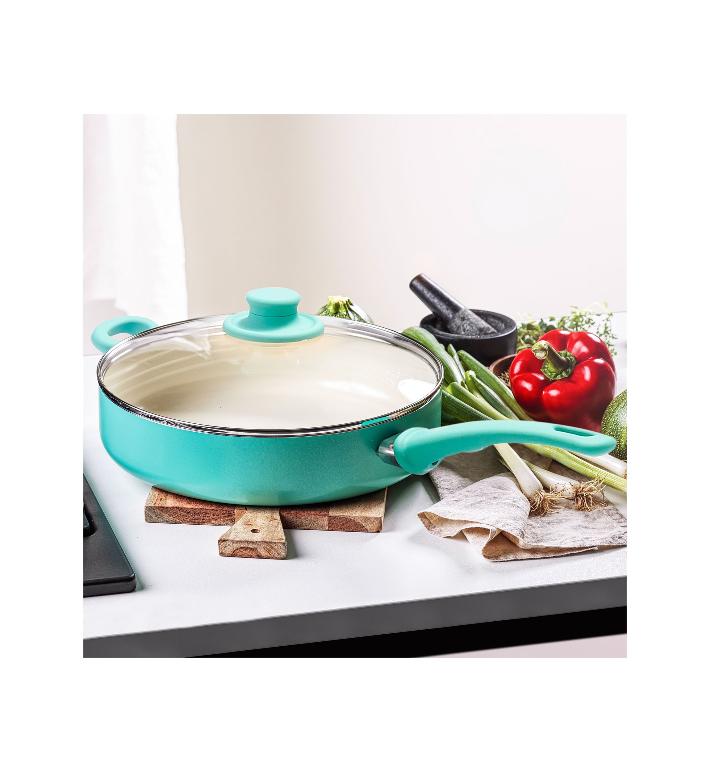 Soft Grip 5 Quart Ceramic Non Stick Covered Jumbo Saute Pan, Turquoise