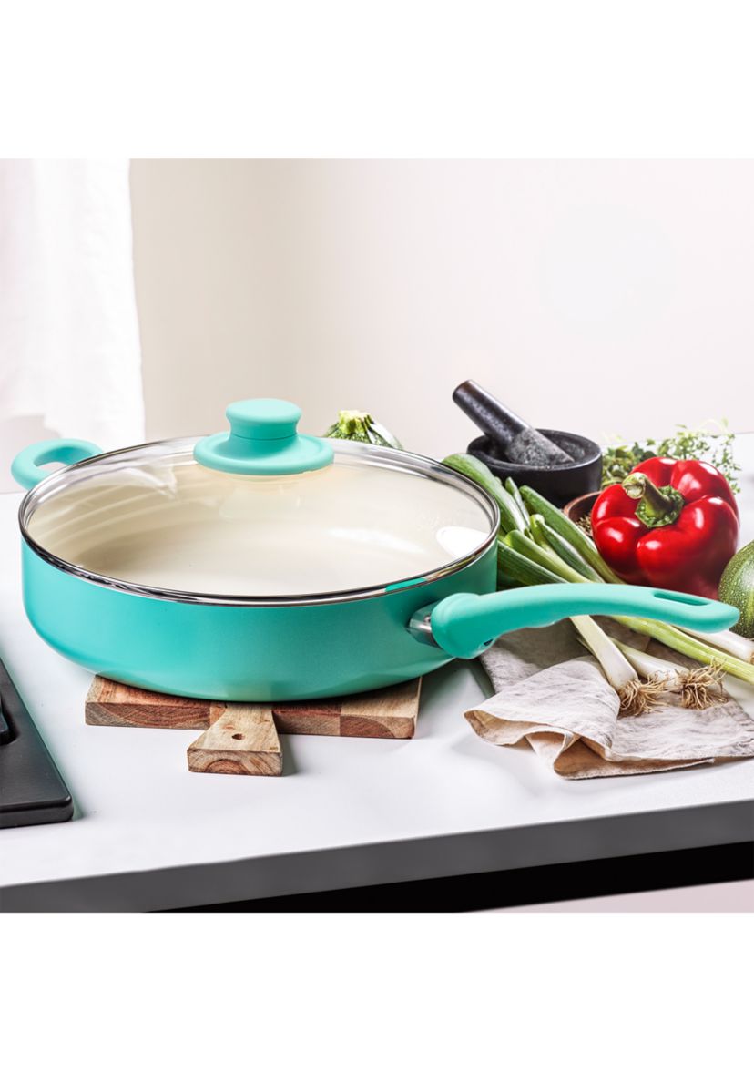 Soft Grip 5 Quart Ceramic Non Stick Covered Jumbo Saute Pan, Turquoise