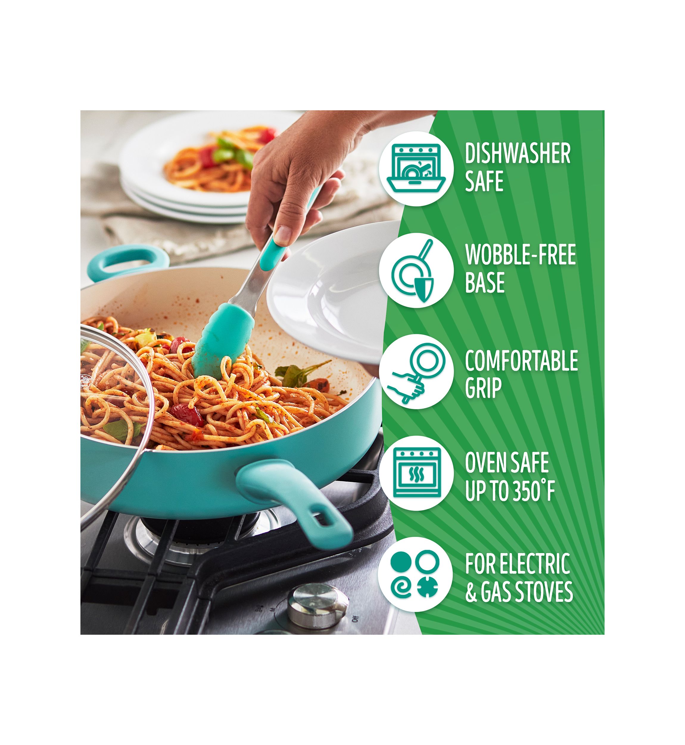 Soft Grip 5 Quart Ceramic Non Stick Covered Jumbo Saute Pan, Turquoise