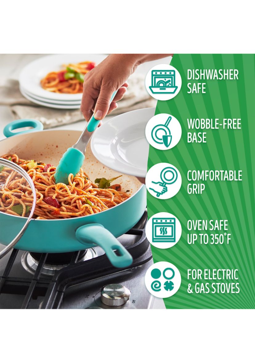 Soft Grip 5 Quart Ceramic Non Stick Covered Jumbo Saute Pan, Turquoise