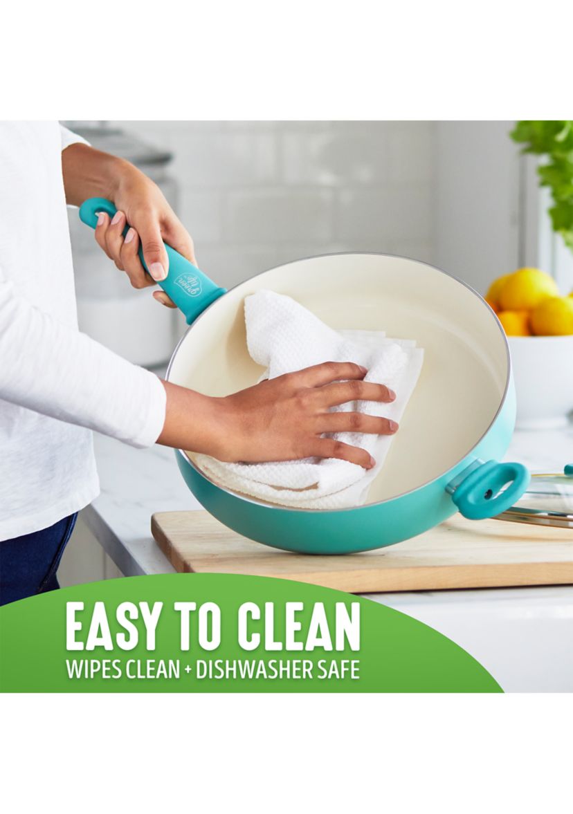 Soft Grip 5 Quart Ceramic Non Stick Covered Jumbo Saute Pan, Turquoise