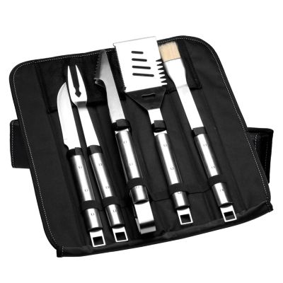 BergHOFF Essentials Stainless Steel 6Pc BBQ Grill Tools Set With PP Folding Bag, Black