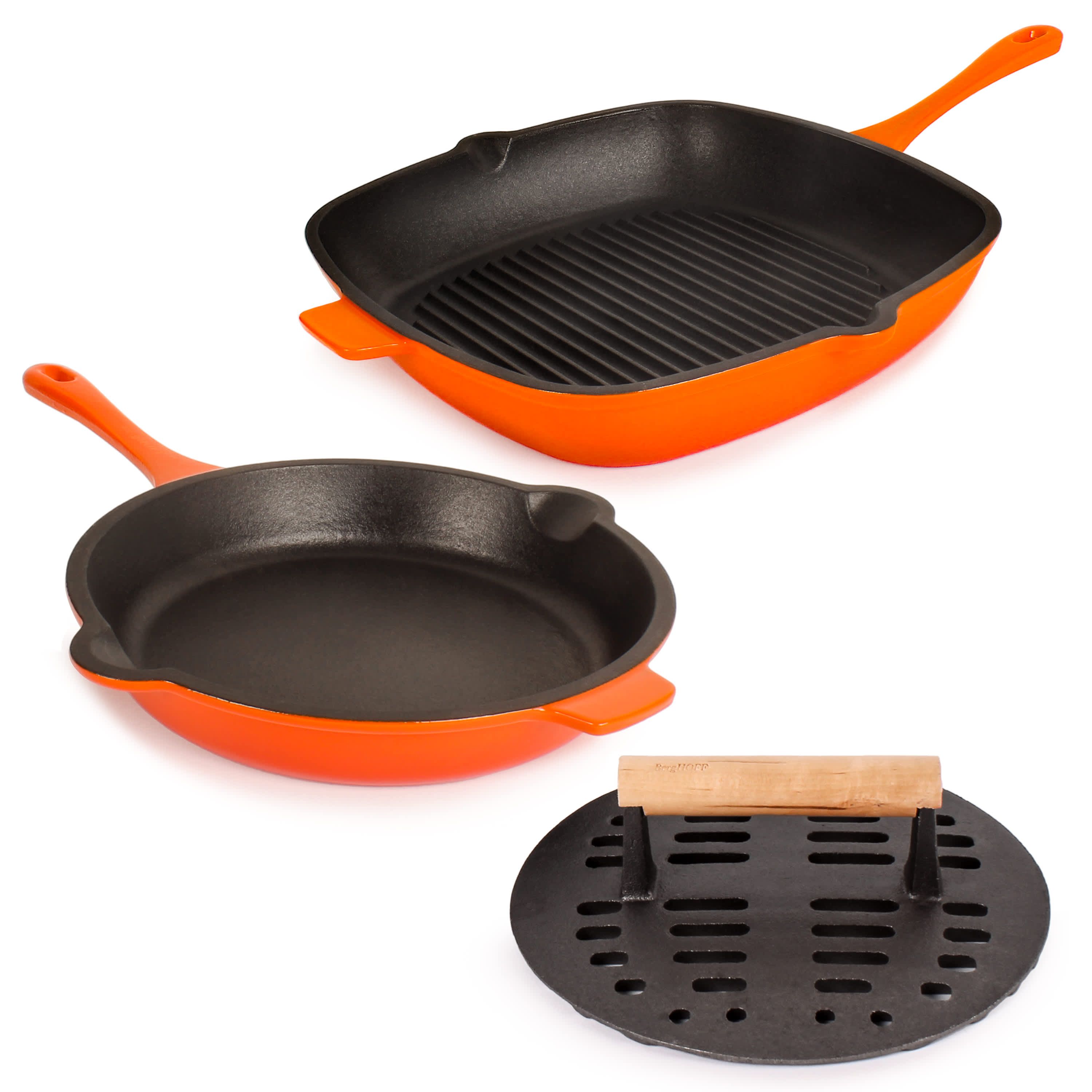 BergHOFF Neo Cast Iron 3pc Grill Pan, Fry Pan, Slotted Steak Press, Pink