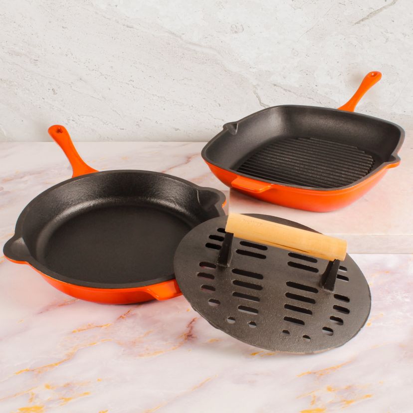 BergHOFF Neo Cast Iron 3pc Grill Pan, Fry Pan, Slotted Steak Press, Pink