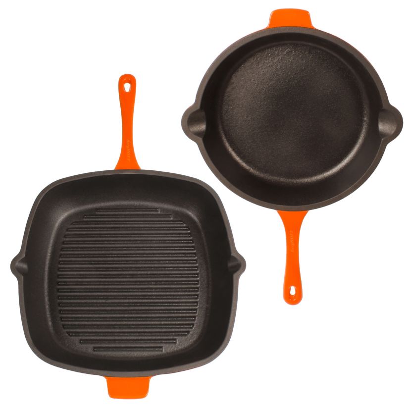 BergHOFF Neo Cast Iron 3pc Grill Pan, Fry Pan, Slotted Steak Press, Pink