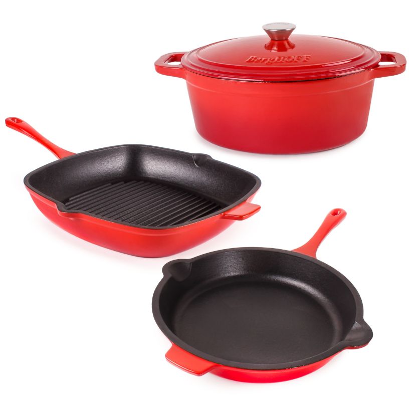 BergHOFF Neo 4Pc Enameled Cast Iron Cookware Set, Fry Pan 10 inches, Grill Pan 11 inches, 5qt. Dutch Oven, Matching Lid, Fast, Evenly Heat, Oven Safe (Oyster)