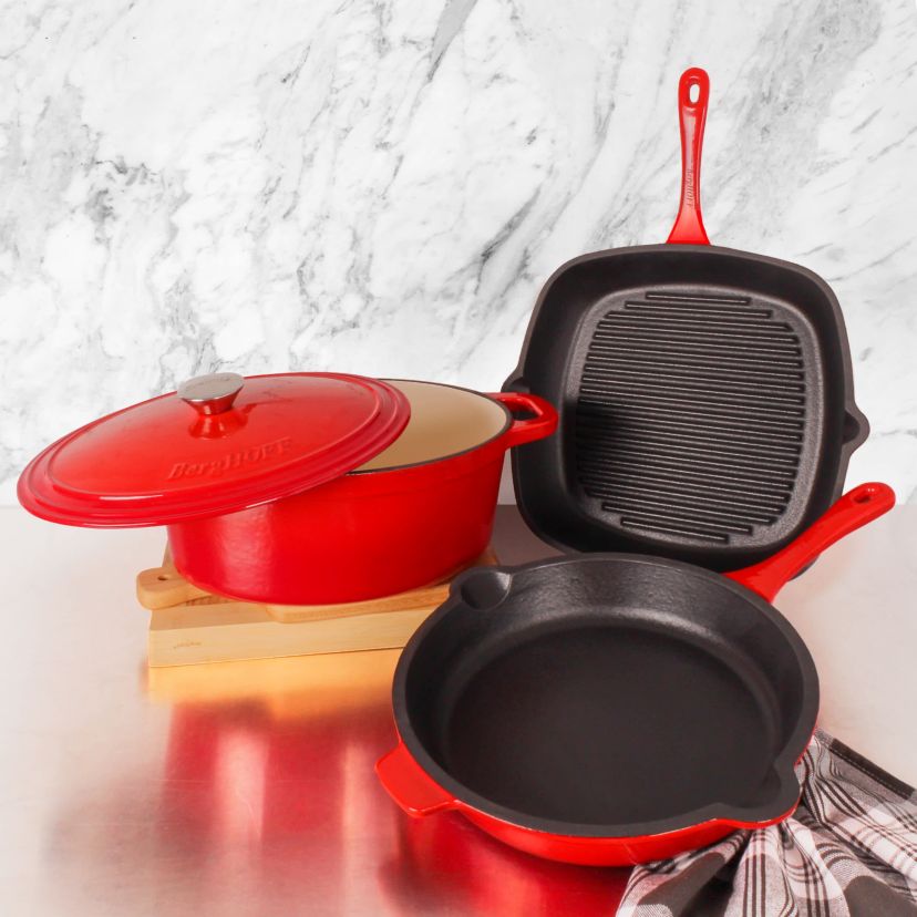BergHOFF Neo 4Pc Enameled Cast Iron Cookware Set, Fry Pan 10 inches, Grill Pan 11 inches, 5qt. Dutch Oven, Matching Lid, Fast, Evenly Heat, Oven Safe (Oyster)