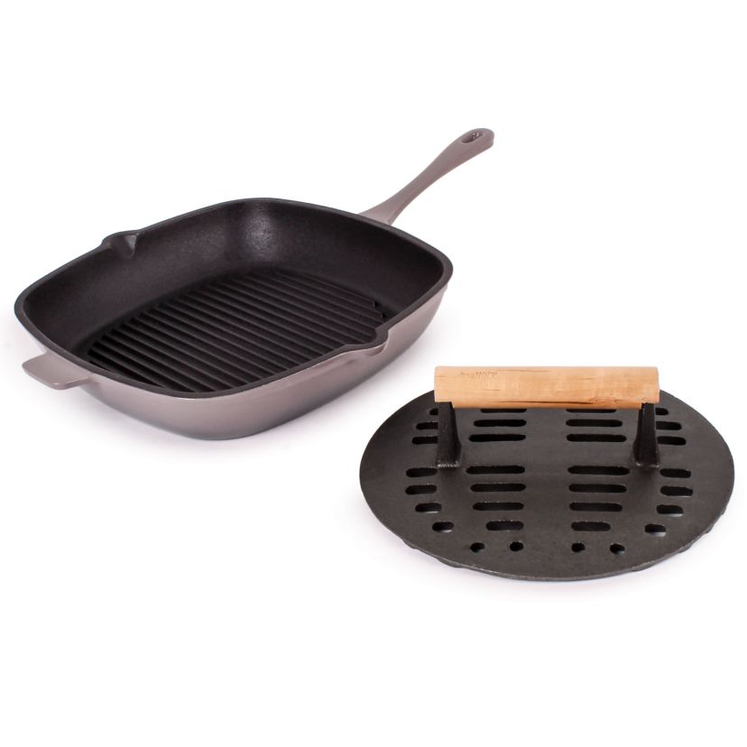 BergHOFF Neo Cast Iron 2pc Grill Pan, Slotted Steak Press, Green
