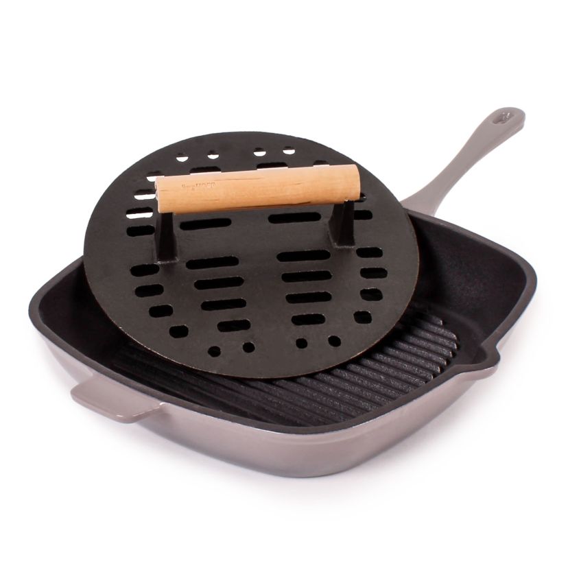 BergHOFF Neo Cast Iron 2pc Grill Pan, Slotted Steak Press, Green