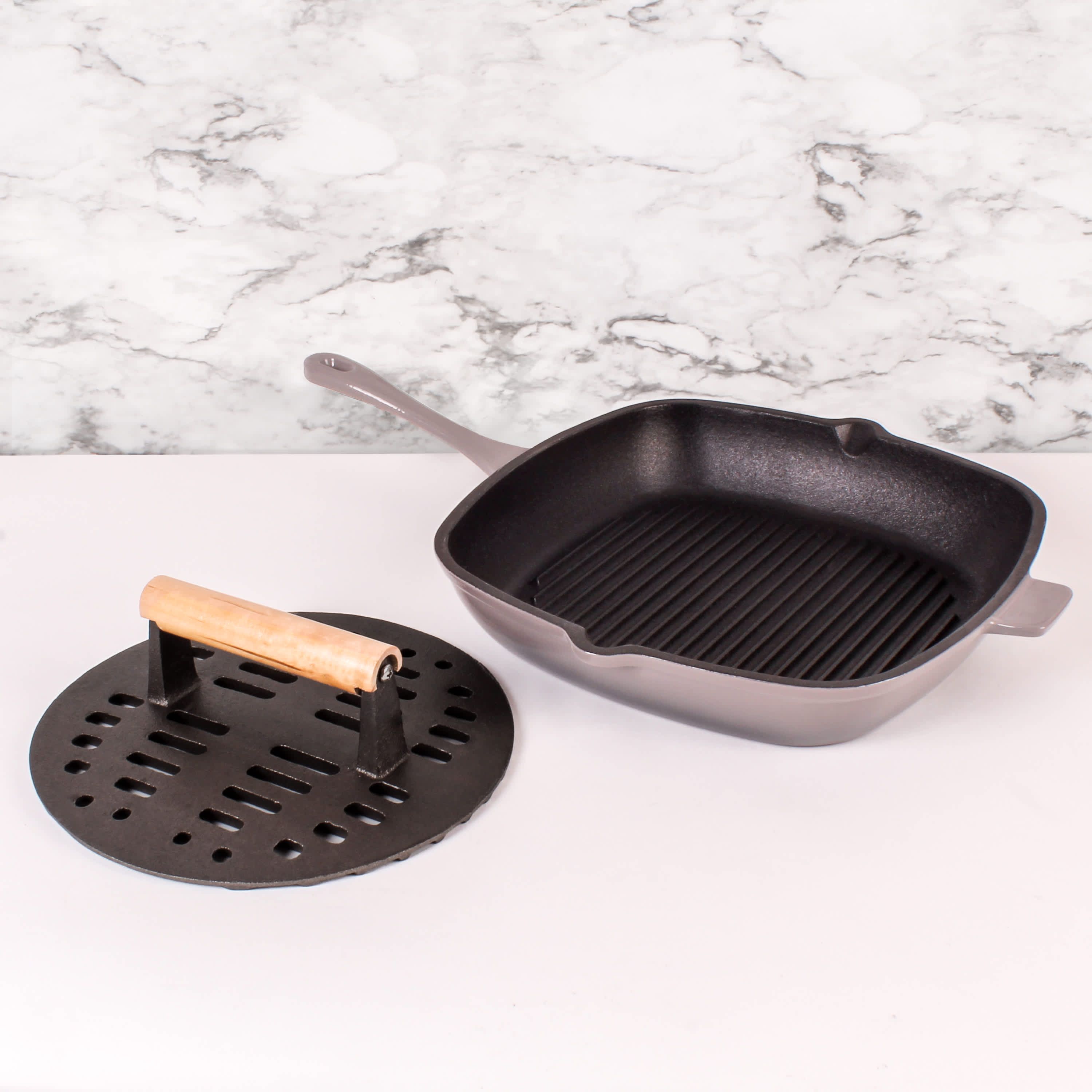 BergHOFF Neo Cast Iron 2pc Grill Pan, Slotted Steak Press, Green