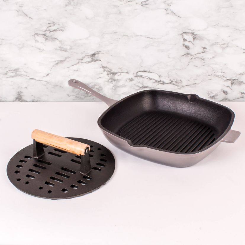 BergHOFF Neo Cast Iron 2pc Grill Pan, Slotted Steak Press, Green