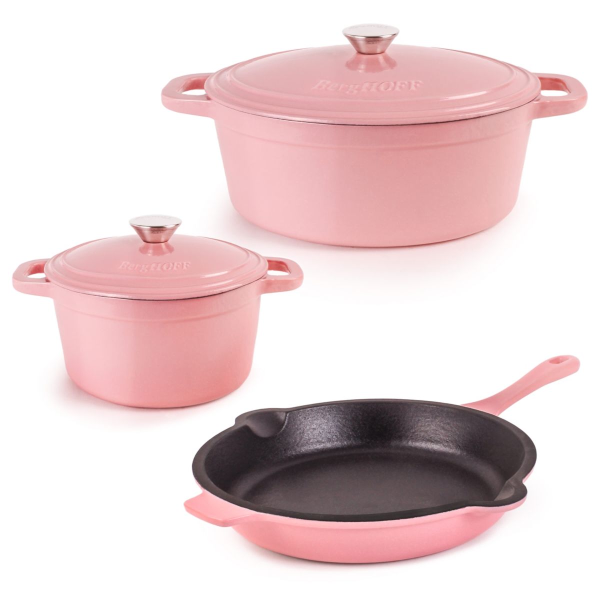 BergHOFF 5Pc Neo Enameled Cast Iron Cookware Set, 3qt., 5qt. Dutch Ovens, Fry Pan 10 Inches, Matching Lid, Induction Cooktop Ready, Oven Safe Up To 400°F, Meringue