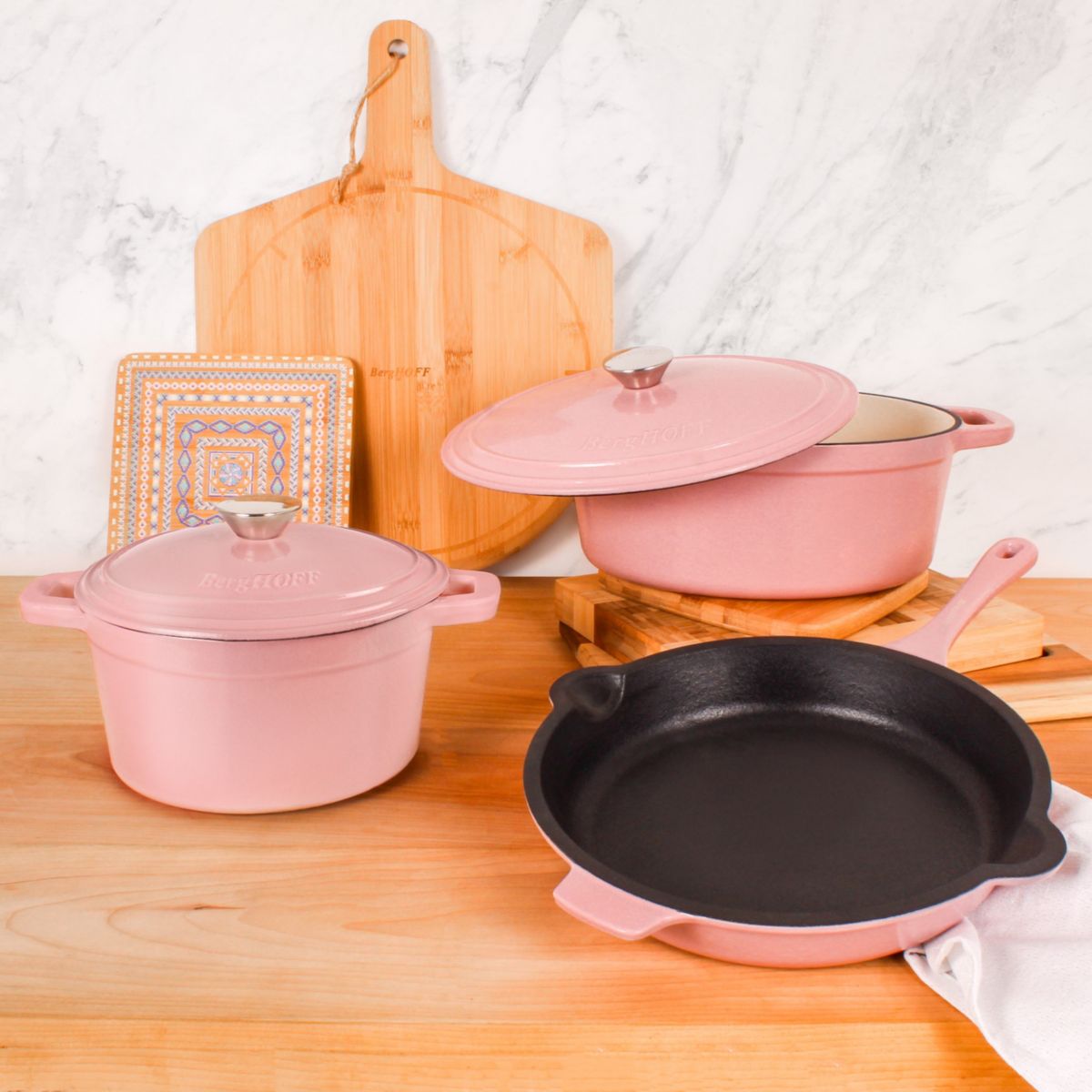 BergHOFF 5Pc Neo Enameled Cast Iron Cookware Set, 3qt., 5qt. Dutch Ovens, Fry Pan 10 Inches, Matching Lid, Induction Cooktop Ready, Oven Safe Up To 400°F, Meringue