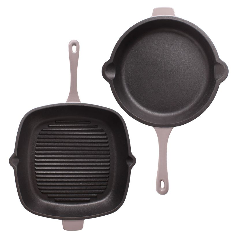 BergHOFF 2Pc Enameled Cast Iron 10" Fry Pan, 10" Grill Pan Set, Green