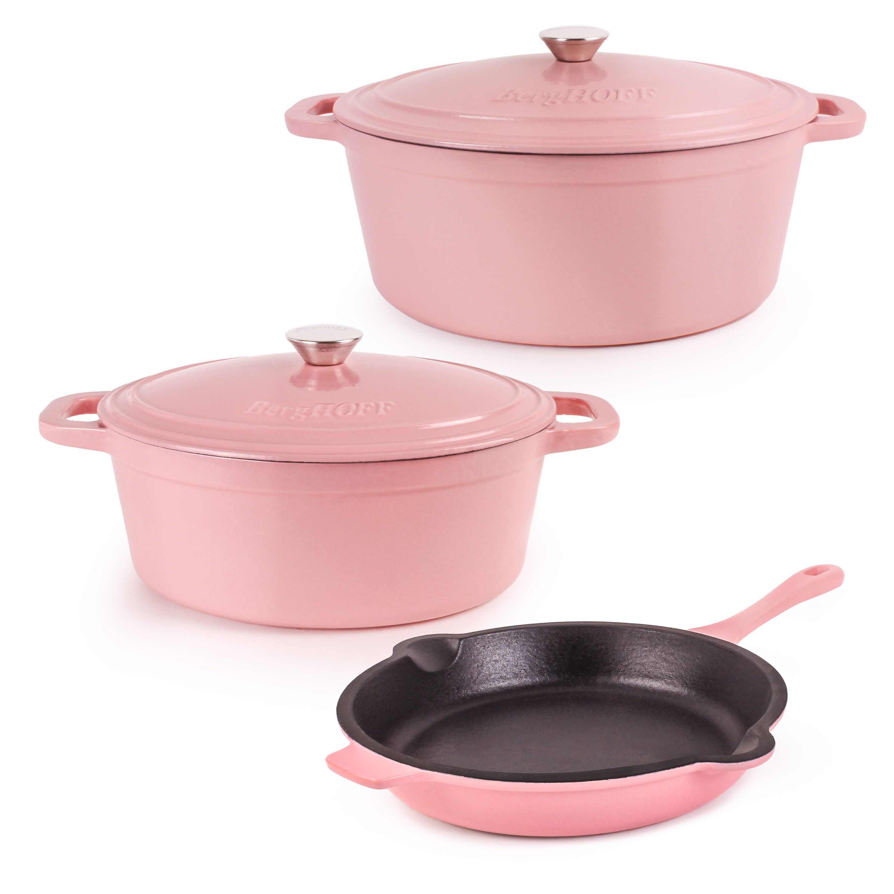 BergHOFF Neo 5Pc Enameled Cast Iron Cookware Set, 5qt, 8qt. Dutch Ovens, Matching Lids, Fry Pan 10 Inches, Fast, Evenly Heat, Oven Safe (Orange)