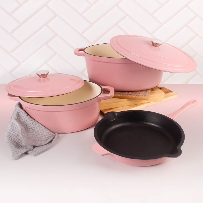 BergHOFF Neo 5Pc Enameled Cast Iron Cookware Set, 5qt, 8qt. Dutch Ovens, Matching Lids, Fry Pan 10 Inches, Fast, Evenly Heat, Oven Safe (Orange)