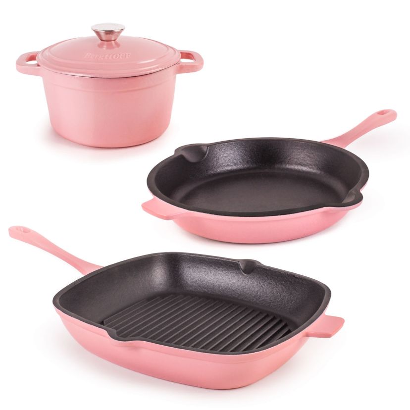 BergHOFF Neo 4Pc Enameled Cast Iron Cookware Set, Grill Pan 11 inches, Fry Pan 10 inches, 3qt. Dutch Oven, Matching Lid, Fast, Evenly Heat, Oven Safe (Oyster)