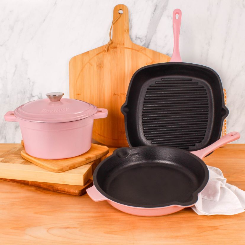 BergHOFF Neo 4Pc Enameled Cast Iron Cookware Set, Grill Pan 11 inches, Fry Pan 10 inches, 3qt. Dutch Oven, Matching Lid, Fast, Evenly Heat, Oven Safe (Oyster)